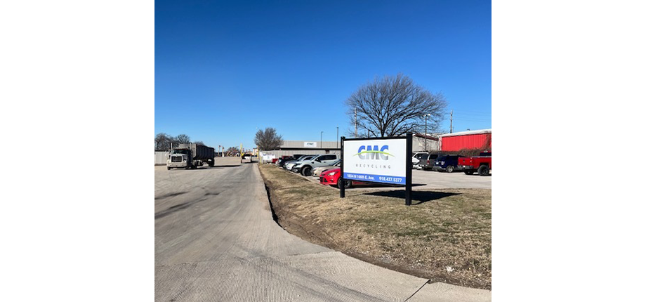 Exterior photo from road showing CMC Recycling Tulsa front sign.